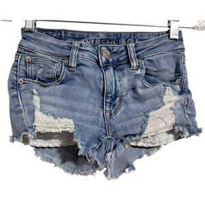 American Eagle Next level Stretch X Blue Jean Shorts Distressed Shortie‎ Size 00